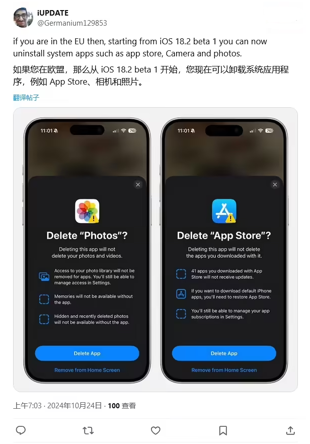 临河苹果手机维修分享iOS 18.2 支持删除 App Store 应用商店 