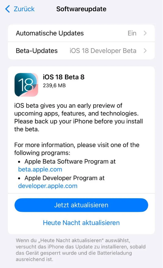 临河苹果手机维修分享苹果 iOS / iPadOS 18 开发者预览版 Beta 8 发布 